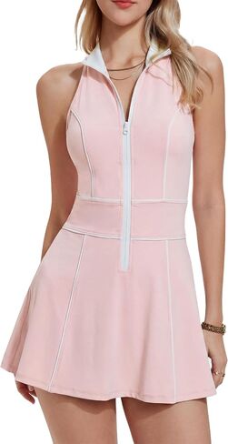 Mudere Womens Half Zip Tennis Dress Stand Collar Racer Back Workout Golf Dress Build in Shorts with Pocket in Saudi Arabia