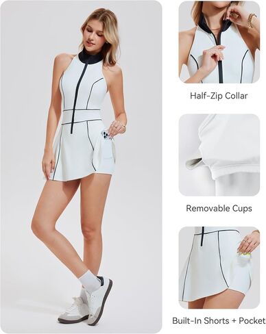 Mudere Womens Half Zip Tennis Dress Stand Collar Racer Back Workout Golf Dress Build in Shorts with Pocket in Saudi Arabia