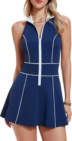 Mudere Womens Half Zip Tennis Dress Stand Collar Racer Back Workout Golf Dress Build in Shorts with Pocket in Saudi Arabia