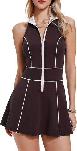 Mudere Womens Half Zip Tennis Dress Stand Collar Racer Back Workout Golf Dress Build in Shorts with Pocket in Saudi Arabia