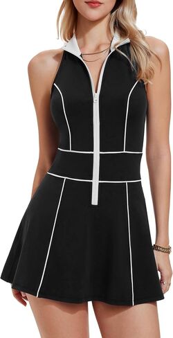 Mudere Womens Half Zip Tennis Dress Stand Collar Racer Back Workout Golf Dress Build in Shorts with Pocket in Saudi Arabia