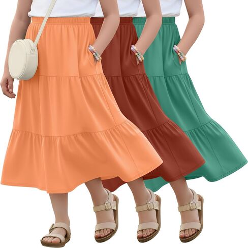 3 Pack Girls' Maxi Skirts 5-16Y with Pockets Tiered Elastic Waist Long Ruffle Pleated Flowy Swing Summer Skirts in Kuwait