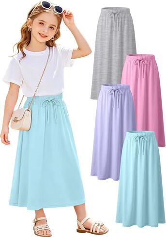 4 Pack Girls Long Skirt Midi Knit A-Line Elastic Waist Stretch Drawstring Ankle Length Basic Casual Teen 5-16 Years in Kuwait