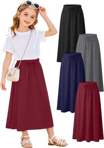 4 Pack Girls Long Skirt Midi Knit A-Line Elastic Waist Stretch Drawstring Ankle Length Basic Casual Teen 5-16 Years in Kuwait