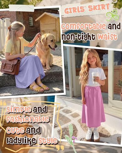 4 Pack Girls Long Skirt Midi Knit A-Line Elastic Waist Stretch Drawstring Ankle Length Basic Casual Teen 5-16 Years in Kuwait