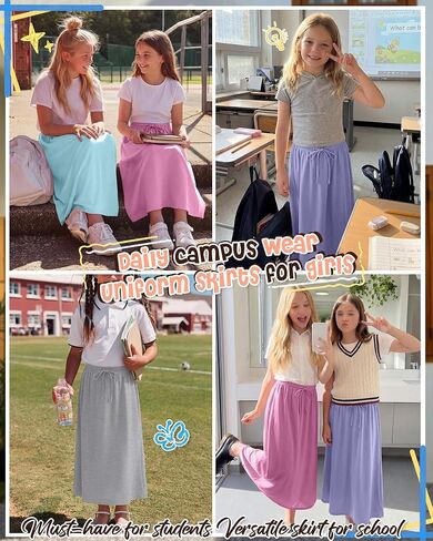 4 Pack Girls Long Skirt Midi Knit A-Line Elastic Waist Stretch Drawstring Ankle Length Basic Casual Teen 5-16 Years in Kuwait