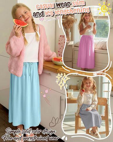4 Pack Girls Long Skirt Midi Knit A-Line Elastic Waist Stretch Drawstring Ankle Length Basic Casual Teen 5-16 Years in Kuwait
