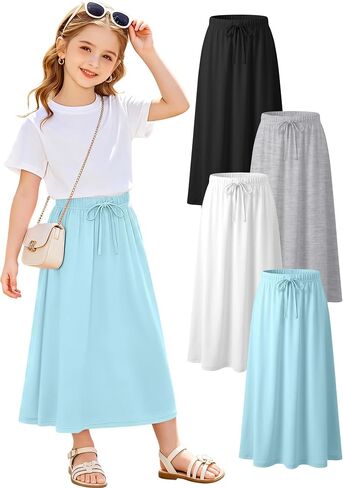 4 Pack Girls Long Skirt Midi Knit A-Line Elastic Waist Stretch Drawstring Ankle Length Basic Casual Teen 5-16 Years in Kuwait