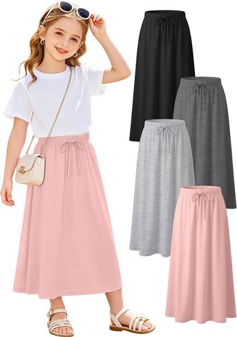 4 Pack Girls Long Skirt Midi Knit A-Line Elastic Waist Stretch Drawstring Ankle Length Basic Casual Teen 5-16 Years in Kuwait