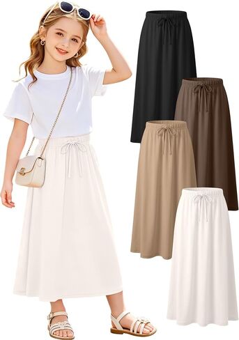 4 Pack Girls Long Skirt Midi Knit A-Line Elastic Waist Stretch Drawstring Ankle Length Basic Casual Teen 5-16 Years in Kuwait