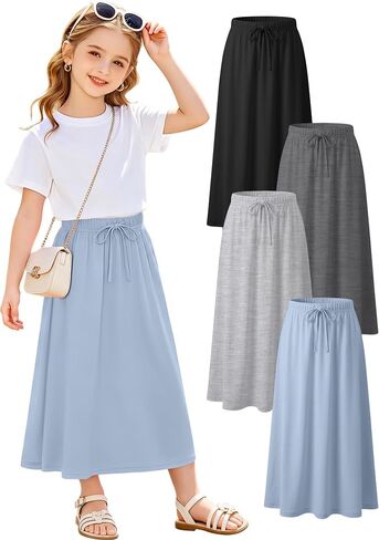 4 Pack Girls Long Skirt Midi Knit A-Line Elastic Waist Stretch Drawstring Ankle Length Basic Casual Teen 5-16 Years in Kuwait