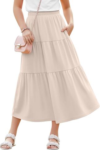 Girls' Maxi Skirts with Pockets 5-16Y Tiered Elastic Waist Long Flowy Swing Ruffle Pleated Casual Summer Skirts in Kuwait