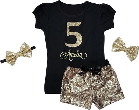 Personalized Gold Birthday Outfit/Sequin Shorts/Glitter Number/Bling/Princess/Cake Smash/Party in Kuwait