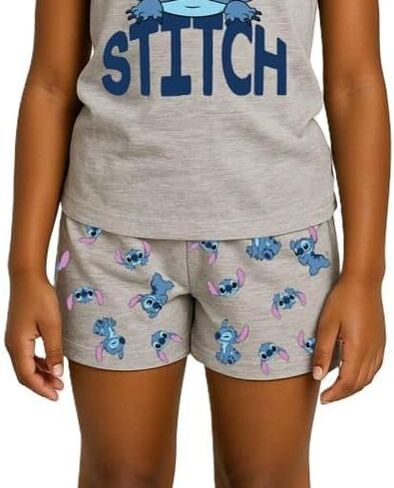 شورت مطبوع بالكامل للفتيات من Disney Stitch، مزيج من القطن الناعم سهل الارتداء، رمادي منقط in Kuwait