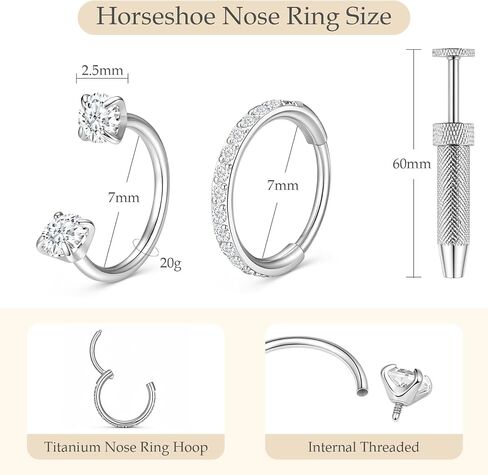 Titanium Horseshoe Nose Ring, 20g Double Gem Horse Shoe Nose Ring Hoop for Women Men Hypoallergenic Silver Cartilage Helix Tragus Daith Hoop Earring Nostril Piercing Jewelry 7mm in Kuwait