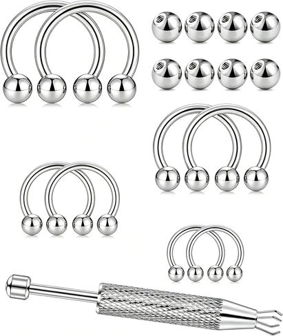 Oufksiyy 16G Horseshoe Septum Rings 6/8/10/12mm with Tool & Ball Grabber,Hypoallergenic for Nose,Rook,Cartilage,Helix,Lips-Silver Gold 316L Surgical Steel Septum Piercing jewelry in Kuwait