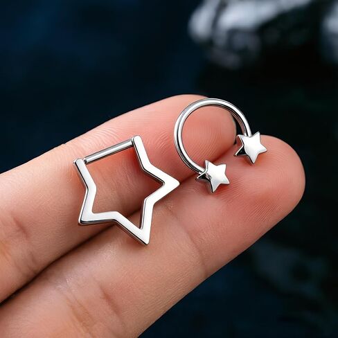 2Pcs Pack 16G Septum Ring Titanium Star G23 Helix Piercing Jewelry,Tragus Earrings Daith Earrings Nose Ring Hoop Clicker Conch for Women and Men in Saudi Arabia