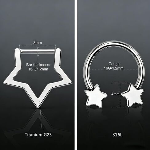 2Pcs Pack 16G Septum Ring Titanium Star G23 Helix Piercing Jewelry,Tragus Earrings Daith Earrings Nose Ring Hoop Clicker Conch for Women and Men in Saudi Arabia