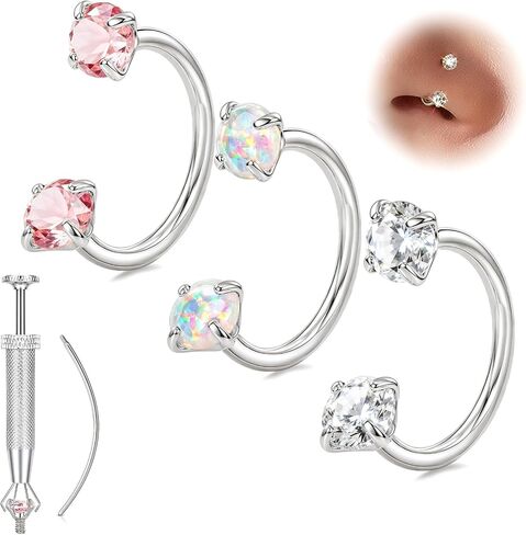 Horseshoe Nose Ring 20g 18g Gold Silver Opal CZ Double Gem Nose Rings Studs for Women Men 7mm 8mm Hypoallergenic Hoop Earrings Cartilage Helix Tragus Nostril Septum Daith Piercing Jewelry in Kuwait
