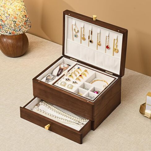 Black Walnut Wooden Jewelry Box with Feet, 3 Layer Solid Wood Jewelry Organizer with Drawer and Removable Tray for Necklace Ring Earrings Watch Bracelet, Velvet Lined Gifts for Mom, Women, Girls in Saudi Arabia