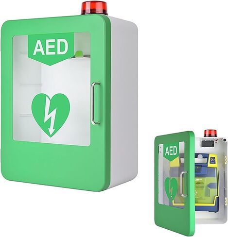 Wall-Mounted AED Cabinet for Quick Access - Storage Defibrillator Unit with Visual Alert & Secure Green Housing for Public Spaces in Kuwait