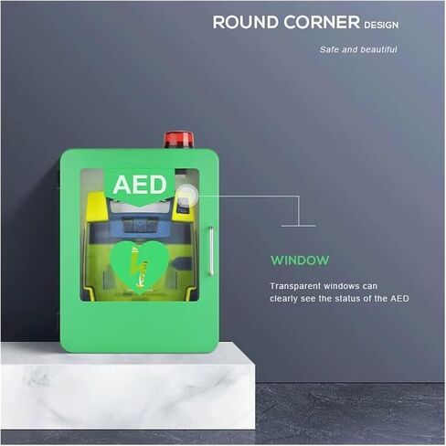 Wall-Mounted AED Cabinet for Quick Access - Storage Defibrillator Unit with Visual Alert & Secure Green Housing for Public Spaces in Kuwait