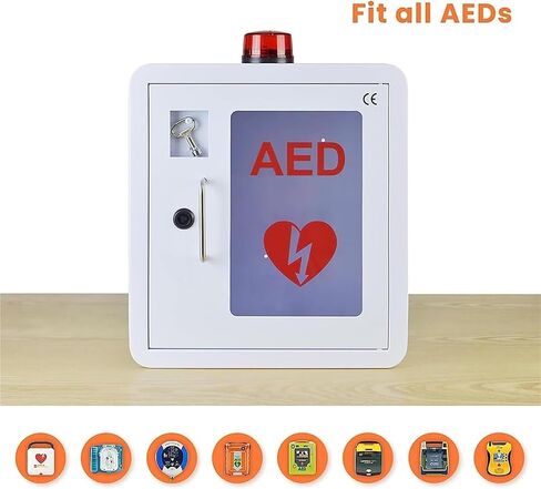 AED Defibrillator Cabinet, Wall-Mounted Cardiac Defibrillation Alarm Box with Key and Alarm System for Home Office Nursing Bus in Kuwait