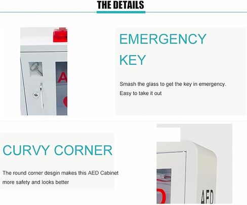 AED Defibrillator Cabinet, Wall-Mounted Cardiac Defibrillation Alarm Box with Key and Alarm System for Home Office Nursing Bus in Kuwait