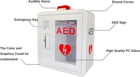 AED Defibrillator Cabinet, Wall-Mounted Cardiac Defibrillation Alarm Box with Key and Alarm System for Home Office Nursing Bus in Kuwait