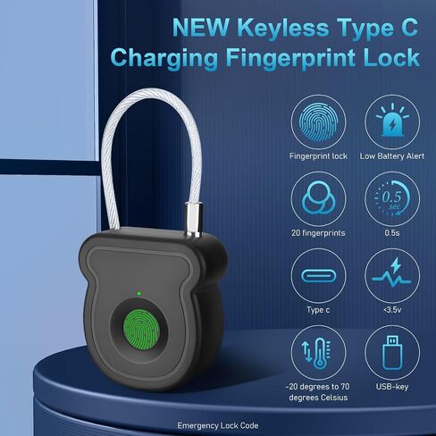 BlumWay Fingerprint Padlock, Keyless Smart Lock, 0.5s Unlock, 20 Fingerprints, USB-Key, Emergency Unlock Code, Low Power Warning, Anti-Theft for Suitcase, Drawer, Wardrobe in Saudi Arabia