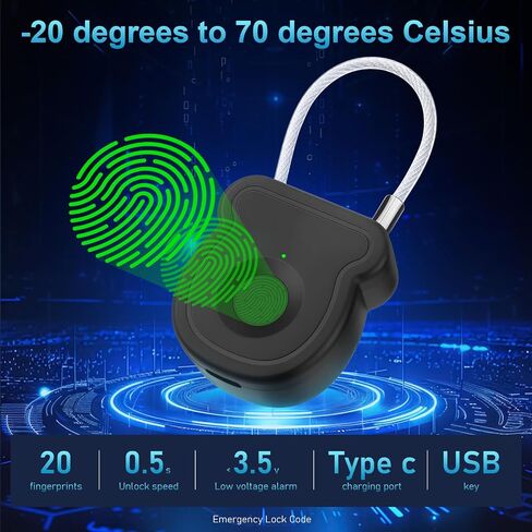 BlumWay Fingerprint Padlock, Keyless Smart Lock, 0.5s Unlock, 20 Fingerprints, USB-Key, Emergency Unlock Code, Low Power Warning, Anti-Theft for Suitcase, Drawer, Wardrobe in Saudi Arabia