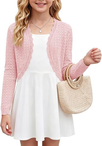 Girls Bolero Shrug Crochet Cropped Open Front Cardigan Kids Long Sleeve Sweater Top for Dress in Kuwait
