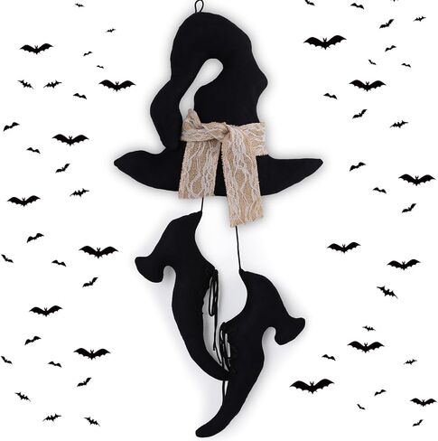 2 Pcs 12 Inch Vintage Halloween Witch Wall Decor Primitive Hanging Witch Shoes Hat Set Halloween Door Sign for Farmhouse Front Door Porch Decor in Saudi Arabia