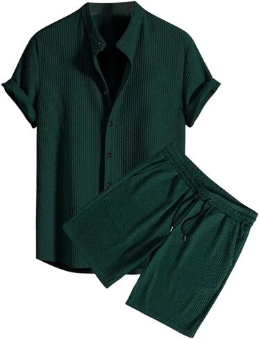 Men's Loose Beachwear Two-Piece Set, Single Breasted Cardigan Paired with Drawstring Shorts, Lounge Matching Set in Kuwait
