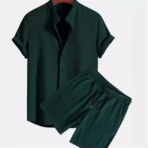 Men's Loose Beachwear Two-Piece Set, Single Breasted Cardigan Paired with Drawstring Shorts, Lounge Matching Set in Kuwait