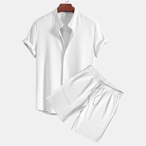 Men's Loose Beachwear Two-Piece Set, Single Breasted Cardigan Paired with Drawstring Shorts, Lounge Matching Set in Kuwait
