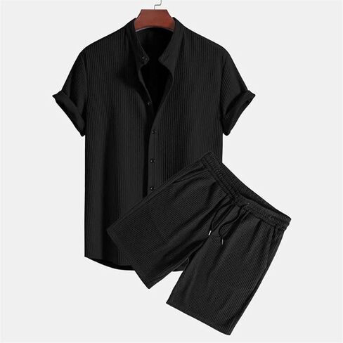 Men's Loose Beachwear Two-Piece Set, Single Breasted Cardigan Paired with Drawstring Shorts, Lounge Matching Set in Kuwait