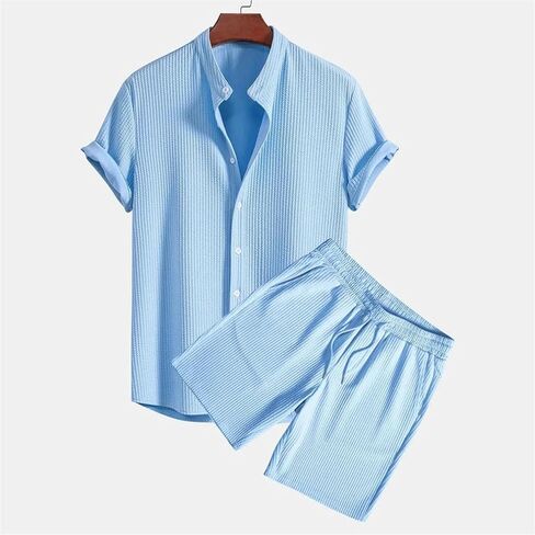 Men's Loose Beachwear Two-Piece Set, Single Breasted Cardigan Paired with Drawstring Shorts, Lounge Matching Set in Kuwait