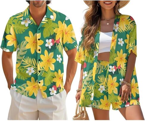 Couples Resort Wear: Women's Kimono Style Top with Shorts, Men's Breathable Button Down Shirt for Luau Party in Saudi Arabia