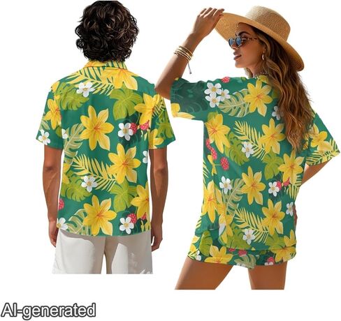 Couples Resort Wear: Women's Kimono Style Top with Shorts, Men's Breathable Button Down Shirt for Luau Party in Saudi Arabia