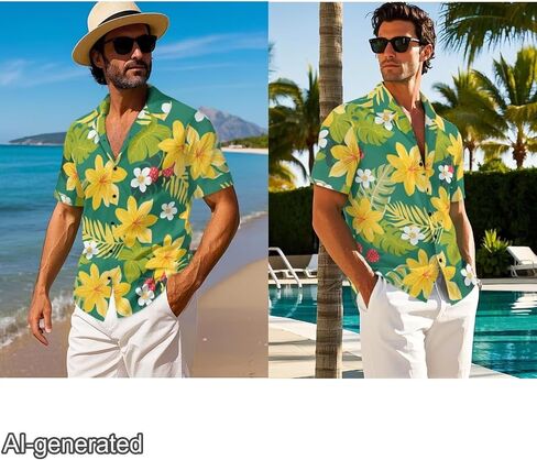 Couples Resort Wear: Women's Kimono Style Top with Shorts, Men's Breathable Button Down Shirt for Luau Party in Saudi Arabia