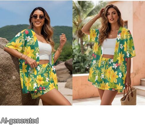 Couples Resort Wear: Women's Kimono Style Top with Shorts, Men's Breathable Button Down Shirt for Luau Party in Saudi Arabia