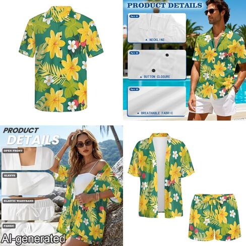 Couples Resort Wear: Women's Kimono Style Top with Shorts, Men's Breathable Button Down Shirt for Luau Party in Saudi Arabia