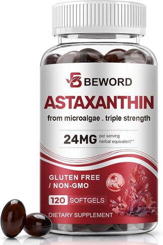 BEWORD Astaxanthin 24mg with MCT Oil, 60/120 Softgels 2-Month Supply | Premium Antioxidant Supplements | Natural Microalgae, Triple Strength | Supports Skin & Eye Health | Non-GMO, Gluten & Soy-Free in Saudi Arabia