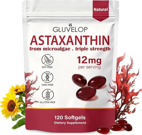 Premium Astaxanthin 12mg Supplements - Natural Microalgae Antioxidant for Skin, Eye & Immune Health - Non-GMO, Triple Strength, 120 Softgels (4 Month Supply) in Kuwait