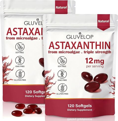 Premium Astaxanthin 12mg Supplements - Natural Microalgae Antioxidant for Skin, Eye & Immune Health - Non-GMO, Triple Strength, 120 Softgels (4 Month Supply) in Kuwait