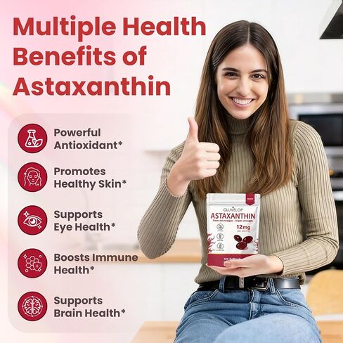 Premium Astaxanthin 12mg Supplements - Natural Microalgae Antioxidant for Skin, Eye & Immune Health - Non-GMO, Triple Strength, 120 Softgels (4 Month Supply) in Kuwait