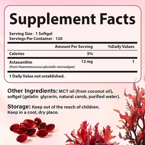 Premium Astaxanthin 12mg Supplements - Natural Microalgae Antioxidant for Skin, Eye & Immune Health - Non-GMO, Triple Strength, 120 Softgels (4 Month Supply) in Kuwait