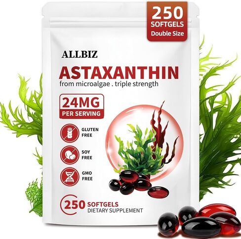 ALLBIZ Astaxanthin 24mg | 250 Softgels | 250-Day Supply | Premium Antioxidant Supplement Supports Eye, Skin, Brain & Liver Health | Natural Microalgae Source, Non-GMO, Gluten Free in Saudi Arabia