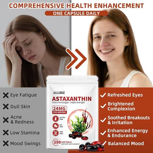 ALLBIZ Astaxanthin 24mg | 250 Softgels | 250-Day Supply | Premium Antioxidant Supplement Supports Eye, Skin, Brain & Liver Health | Natural Microalgae Source, Non-GMO, Gluten Free in Saudi Arabia